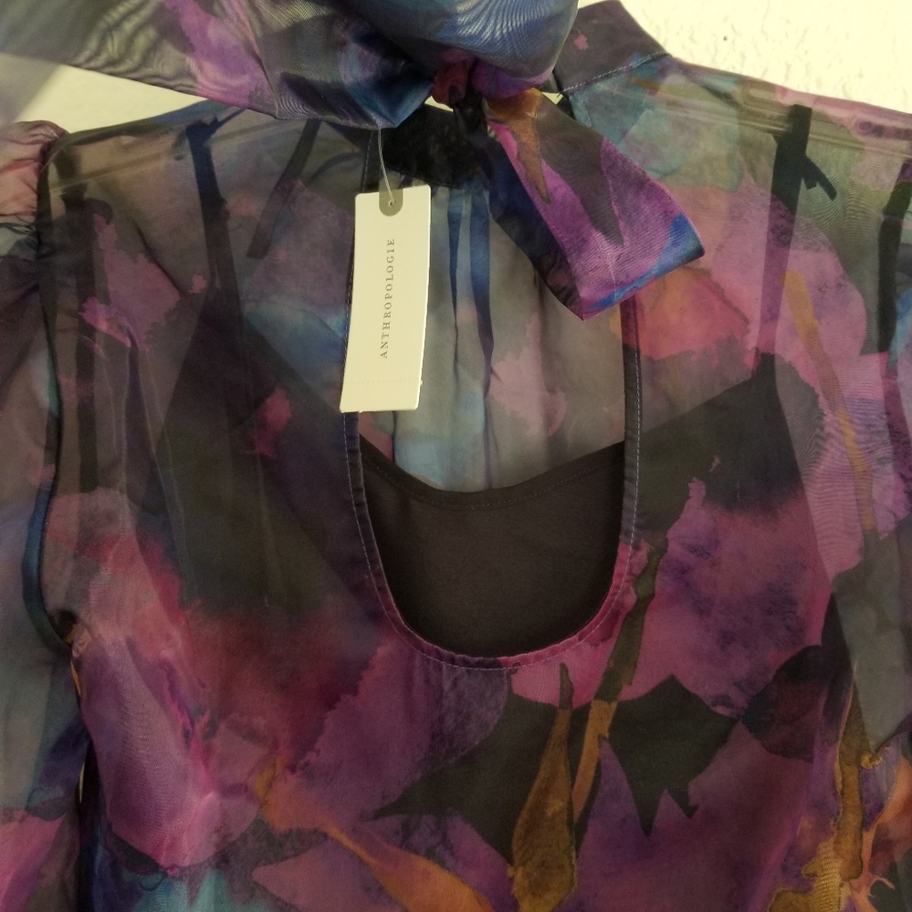 Anthropologie Organza Back Bow Puff Sleeve Blouse Size XS Black Purple B… - Picture 6 of 14